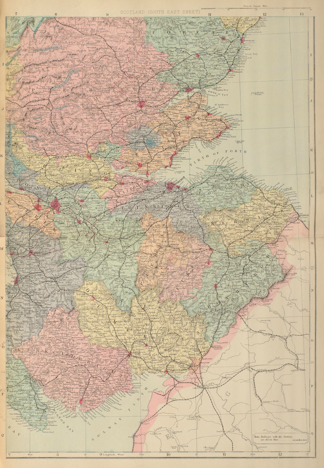 SCOTLAND (South East) Edinburgh Glasgow Perth Fife GW BACON 1885 old map